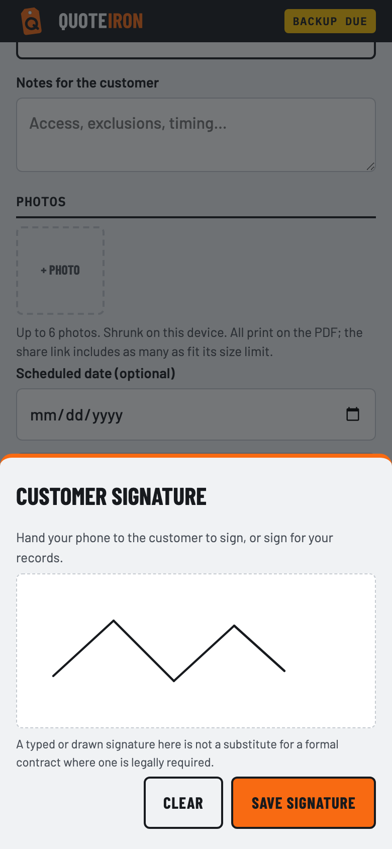 The CUSTOMER SIGNATURE sheet with a signature drawn on the pad, and CLEAR and SAVE SIGNATURE buttons.
